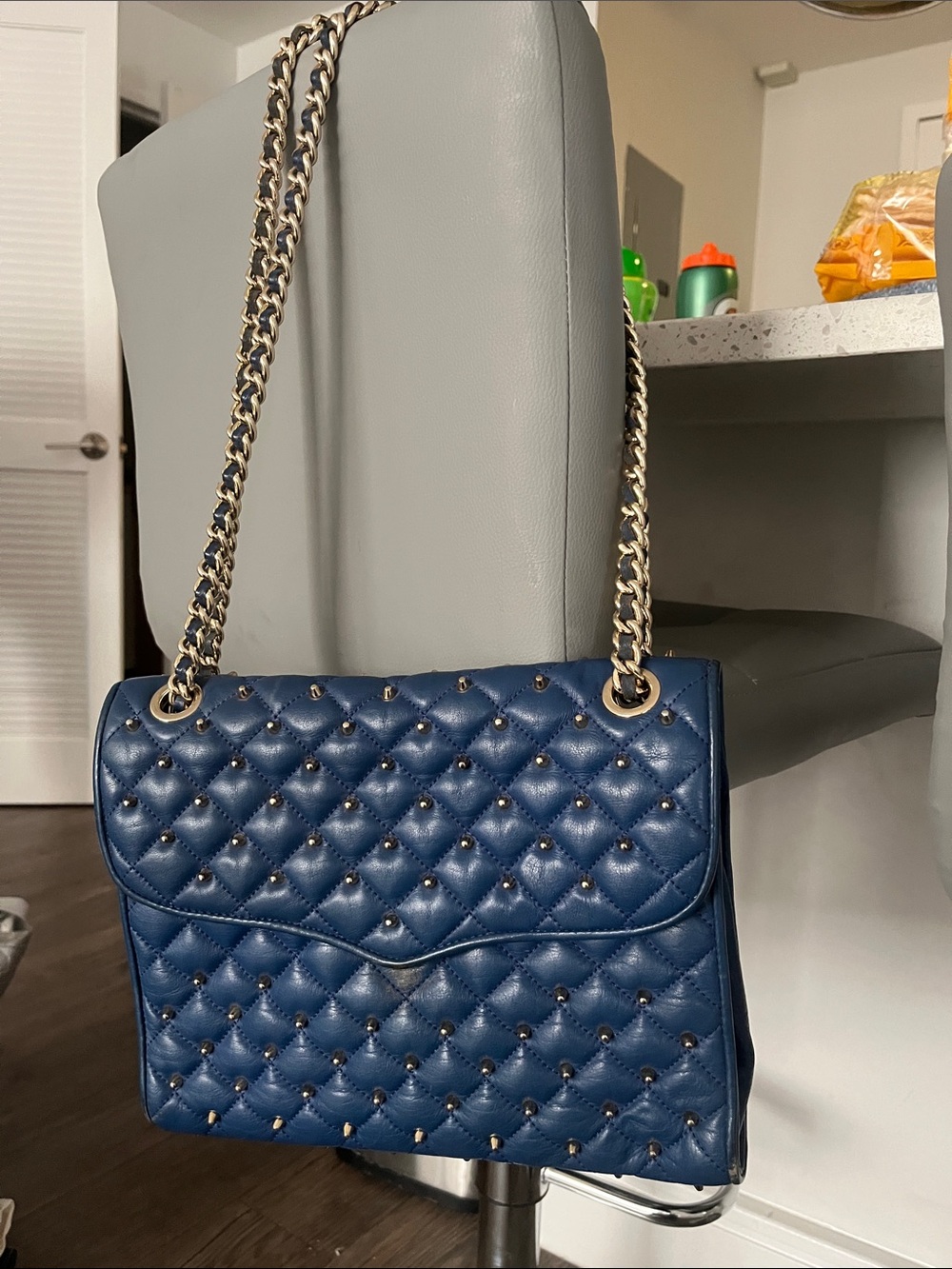 Rebecca Minkoff Quilted Navy Shoulder Bag with Gold Chain